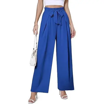 Women Wide Leg High Waist Pants Blue Cotton