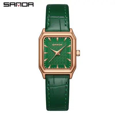 Sanda Women's Gold Square Quartz Watch Brown Leather Strap