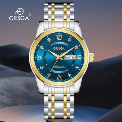 ORSGA Men's Gold Blue Dial Quartz Watch with Cross Strap