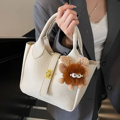 Women's White Leather Bucket Bag with Cute Pom Pom Charm
