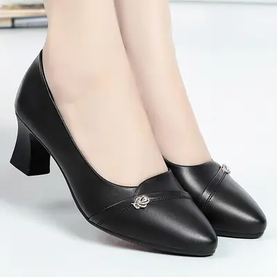 Women's White Leather Mid-Heel Mules Shoes