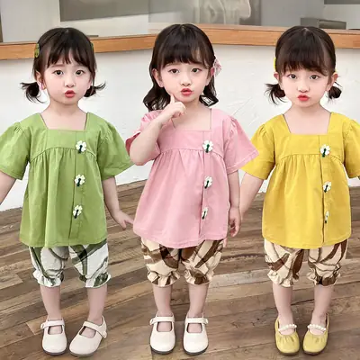 2025 Cotton Cartoon Kids Suit Green Pink Yellow 1-5Y