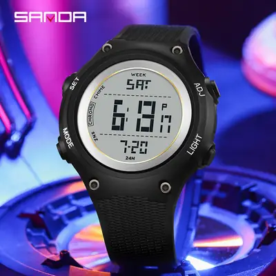 SANDA Men's Black Digital Watch with Green Display