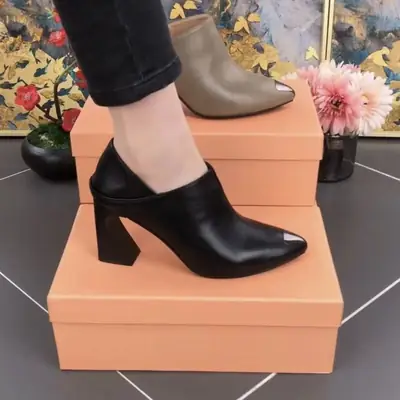 2025 New Spring and Summer Soft Leather Single-layer Shoes Women's Thick Heel Pointed Thick Heel High Heel Middle Heel Soft Leather Shoes Deep Mouth Women's Shoes