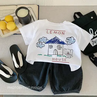 Boys White Lemon Print Half Sleeve T-Shirt Set
