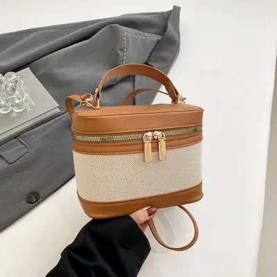 2025 New South Korea High-value Cylinder Bucket Bag Stitching Contrast Color Crossbody Bag Women's ins All-match Shoulder Bag luggage and leather goods