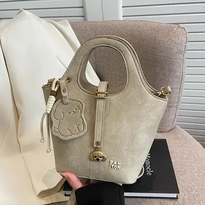 Women's Beige Crossbody Shoulder Bag with Bear Design