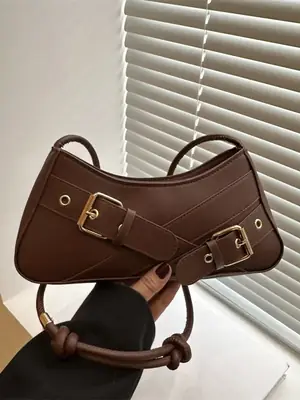 Brown Leather Shoulder Bag for Women with Gold Buckle