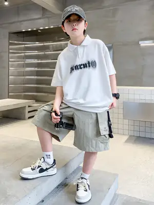 Summer Boys Polo Shirt White Cargo Shorts Set