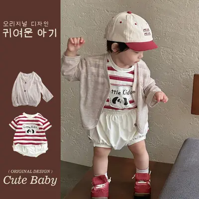 Boys Striped T-Shirt Shorts Set Korean Style 3Pc