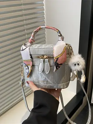 Women's Silver Faux Leather Shoulder Bag with Faux Fur Handle