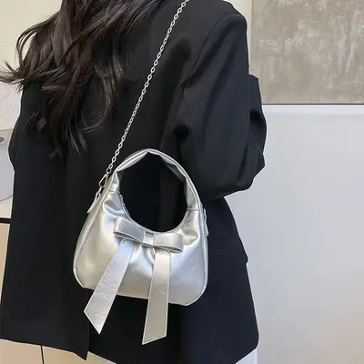 Silver Bow Shoulder Bag for Women 2025