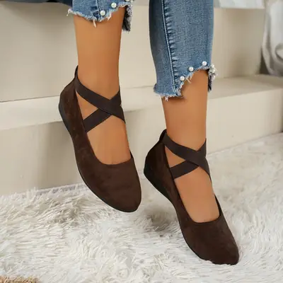 Women Brown Suede Cross Strap Flats Large