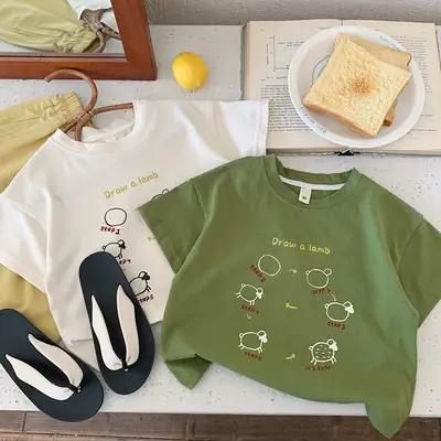 Cartoon Print Boys T-Shirt 2025 Summer Beige Green