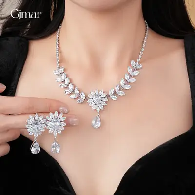 European & American Zircon Wheat Ear Earrings Necklace