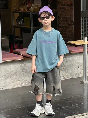 Boys Denim Capri Shorts Set with White Sneakers