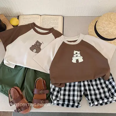 Korean Style Boys T-Shirt Brown Cream Raglan Sleeve 2025