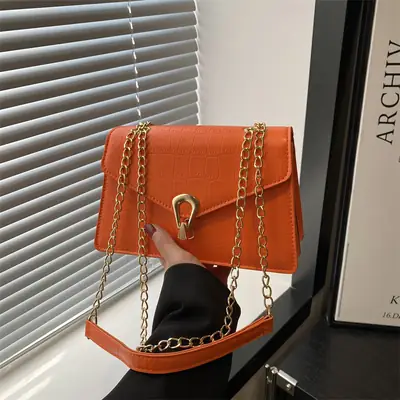 Orange Croc Leather Chain Bag with Lock Buckle for Women