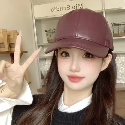 Japanese Leather Baseball Cap Wide Brim for Women Girls
