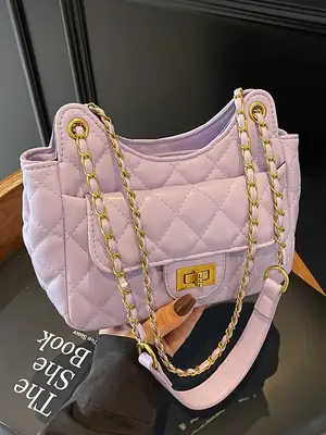 Pink Quilted Chanel Style Shoulder Bag with Gold Chain