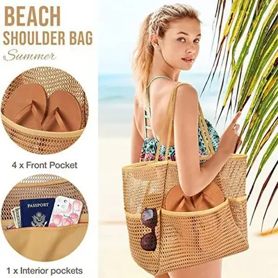 Mesh Shoulder Bag 4 Front Pockets Beach Storage
