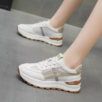 Women White Mesh Casual Sneakers with Orange Accent