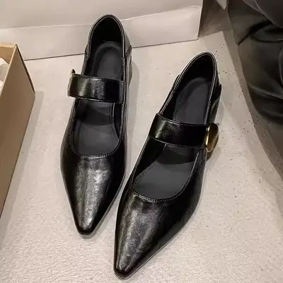 Women Mary Jane Shoes Brown Leather Pointed Toe French Heel