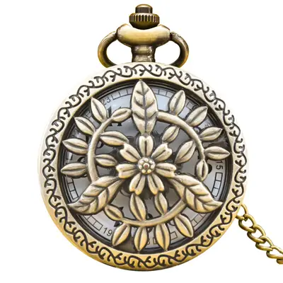 Retro Cut Out Bronze Pocket Watch with Eight Leaf Design