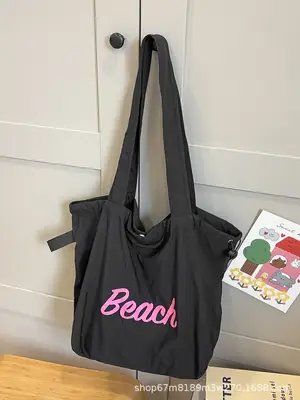 Black Printed Shoulder Bag for Women with "Beach" Design