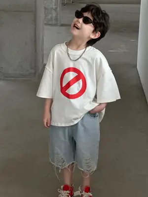 Boys Cotton Printed T-Shirt Red Logo Loose Summer Wear