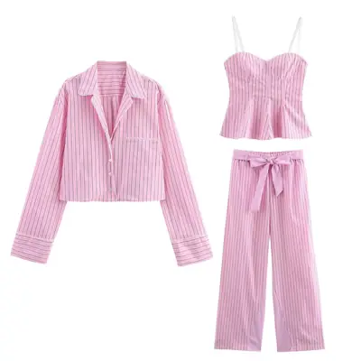 Pink Striped Pajama Pants Set with Belt