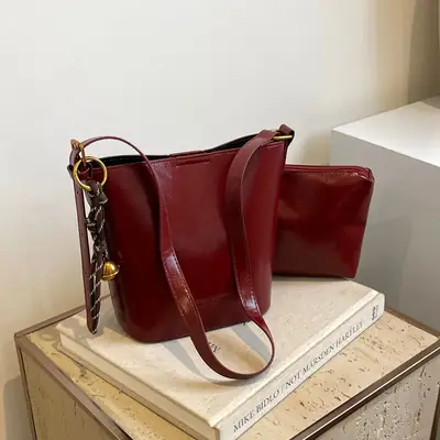 2025 Red Leather Bucket Bag for Women