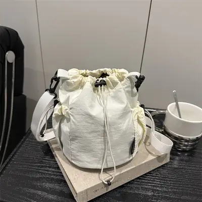 White Drawstring Bucket Bag for Commuters & Casual Use