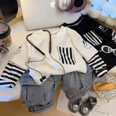 Children's Black Striped Sweatshirt Set Large Cotton Base Top