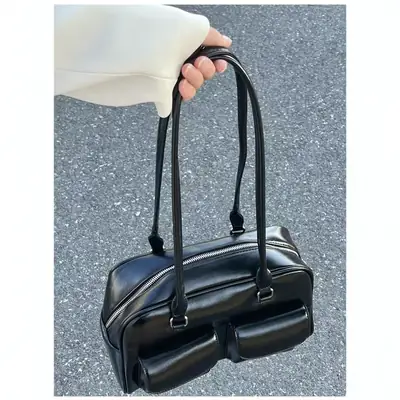 Black Wax Leather Bowling Bag with 2 Pockets