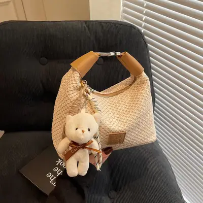 Women's Hand-Craved Beige Waffle Shoulder Bag with Teddy Keychain