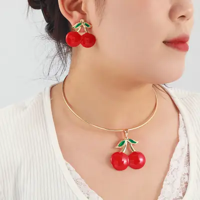 Red Cherry Collar Earrings for Women Gold Plated