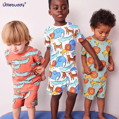 Cross-Border Kids Short Sleeve Lion Print Cotton Suit