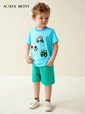 Summer Boys Cotton T-Shirt Shorts Set Light Blue Green