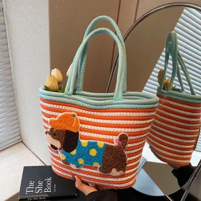 Puppy Embroidered Cotton Rope Tote Bag Large Capacity