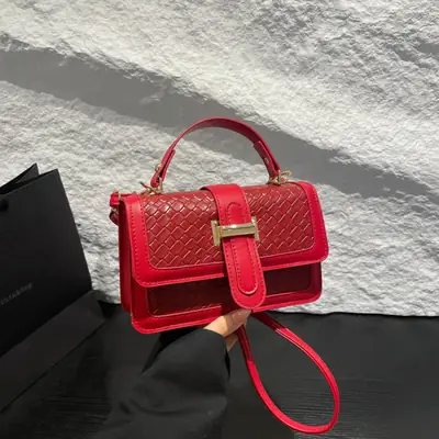 Red Textured Straw Woven Handbag for Women