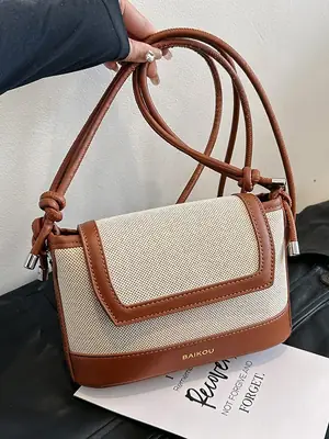 Women's Linen Contrast Stitching Bucket Bag Brown White