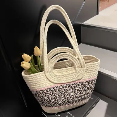 Navy Beige Woven Shoulder Bag with Patterned Base