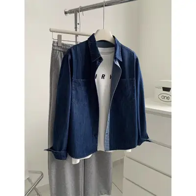 Women Denim Stitching Plaid Jacket Blue 2025