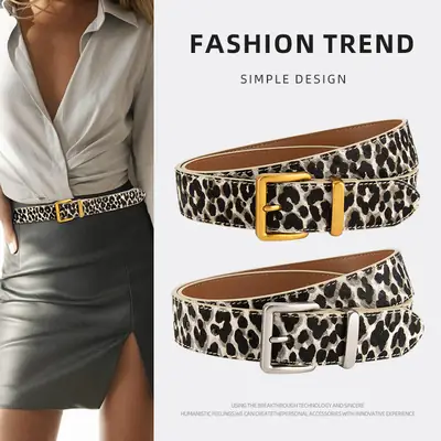 Leopard Print Leather Belt for Women Gold Buckle