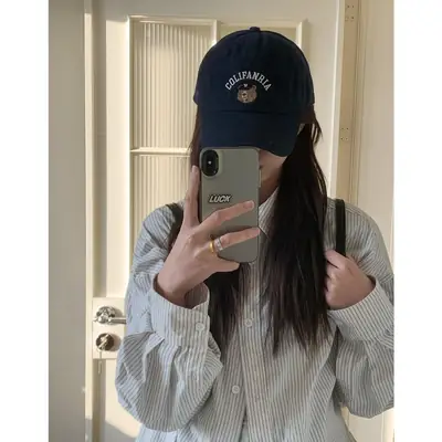 Cute Bear Embroidered Blue Baseball Cap Large Head Circumference