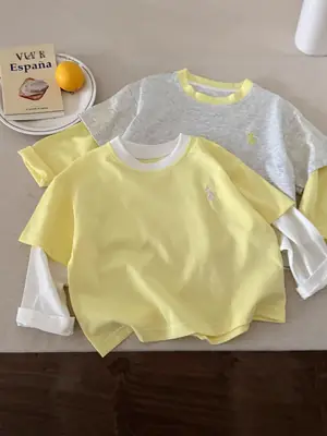 Children's Fake Two-Piece T-Shirt Yellow Grey 2025