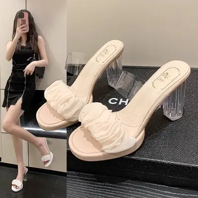 Women's Transparent Crystal Thick Heel Sandals