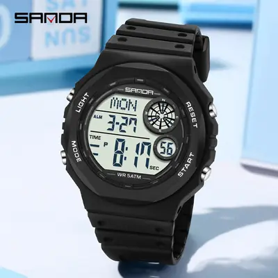 Sanda Waterproof Digital Countdown Alarm Clock Watch for Boys Girls
