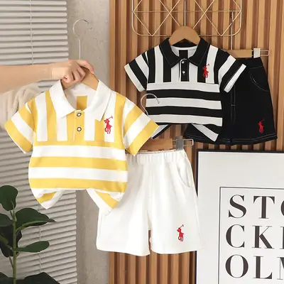 Summer 2025 Boys Cotton Striped T-Shirt Shorts Set